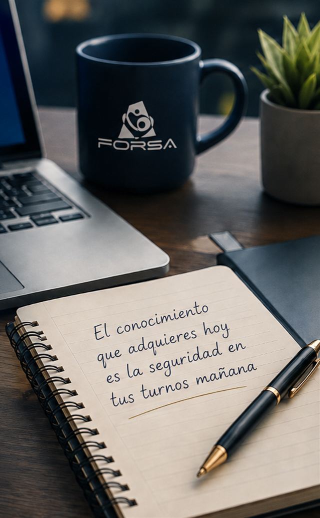Escritorio con notebook, taza FORSA y cuaderno